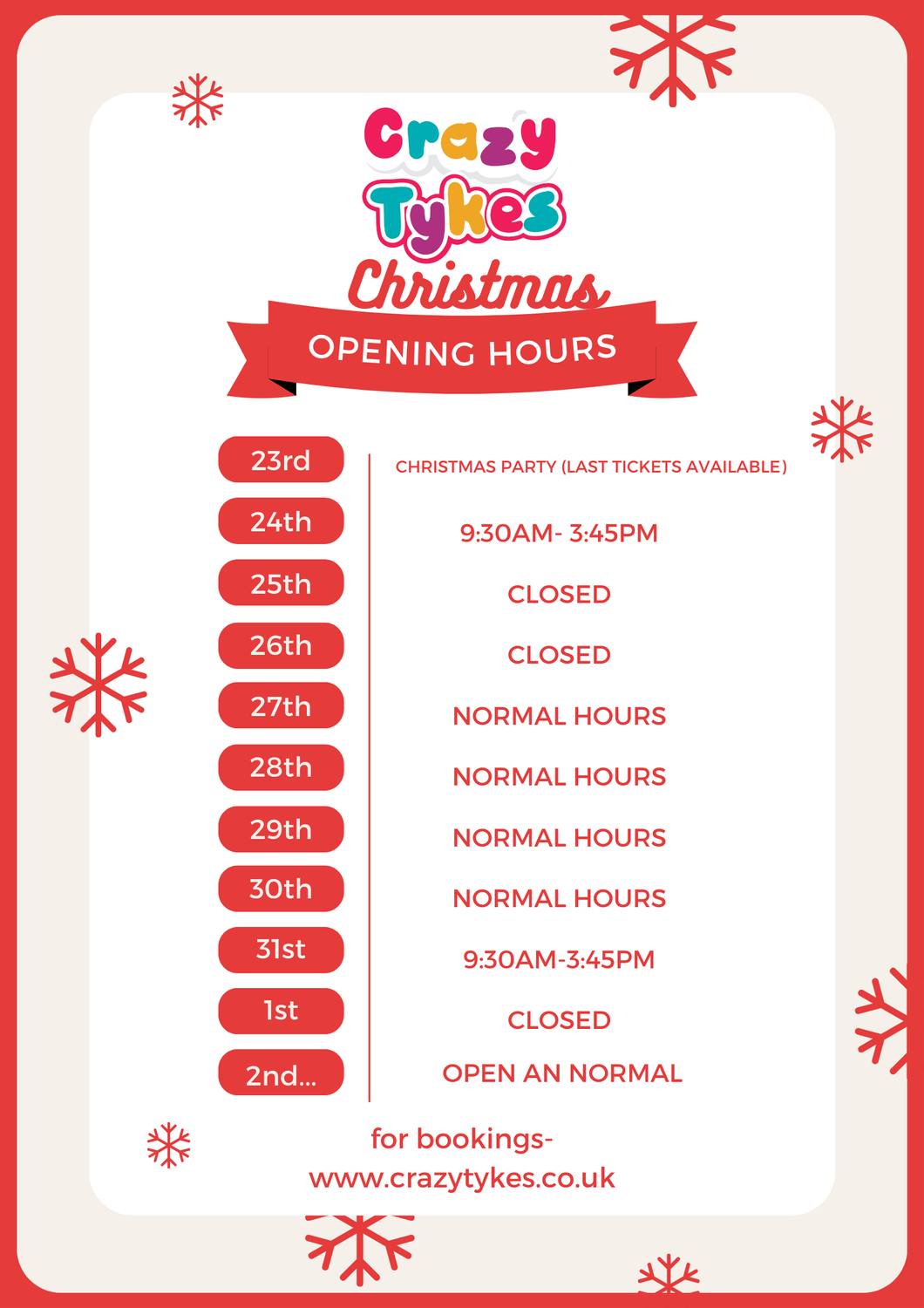 Christmas Opening Hours